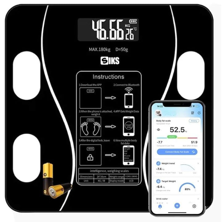 Cantar Electronic Inteligent De Baie SIKS Cu Aplicatie Smart  Corporal  Ecran Digital Iluminat  Termometru  Suporta Maxim 180 Kg  Baterii  Negru