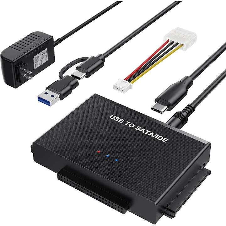 Adaptor USB la SATA IDE  Rqiurpn  cititor hard disk  USB + Tip C la hard disk extern  Plug and play  Cu alimentare  Negru  cu adaptor de alimentare 12V/2A