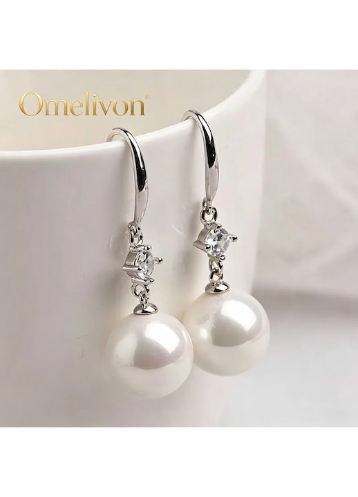 Omelivon - 925 Sterling Silver Diamond Plated Pendant Earrings with Embedded Pearls, Gift Box