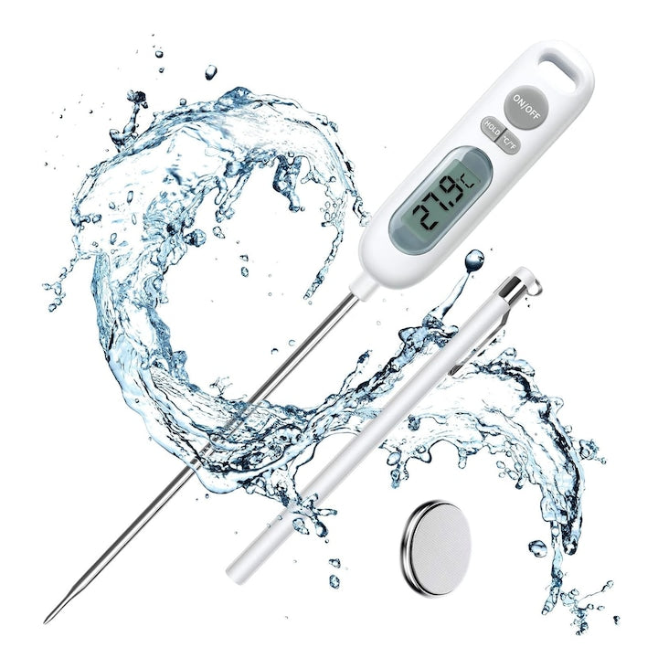 Termometru pentru mancare  ZGGZERG  Termometru digital cu sonda pentru bucatarie  Cu baterie buton  coaja  ecran LCD  -50° C - +300° C  Impermeabil  Pentru lichide  alimente  lactate  ABS+inox  25.5*3cm  Alb