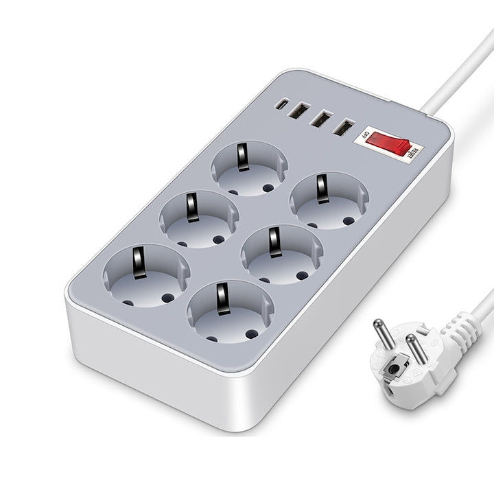 Fast Charge Extension Cord, 6 Outlets, 3 USB Ports, 1 USB-C Port, 1.2m, 2200W, 10A, White
