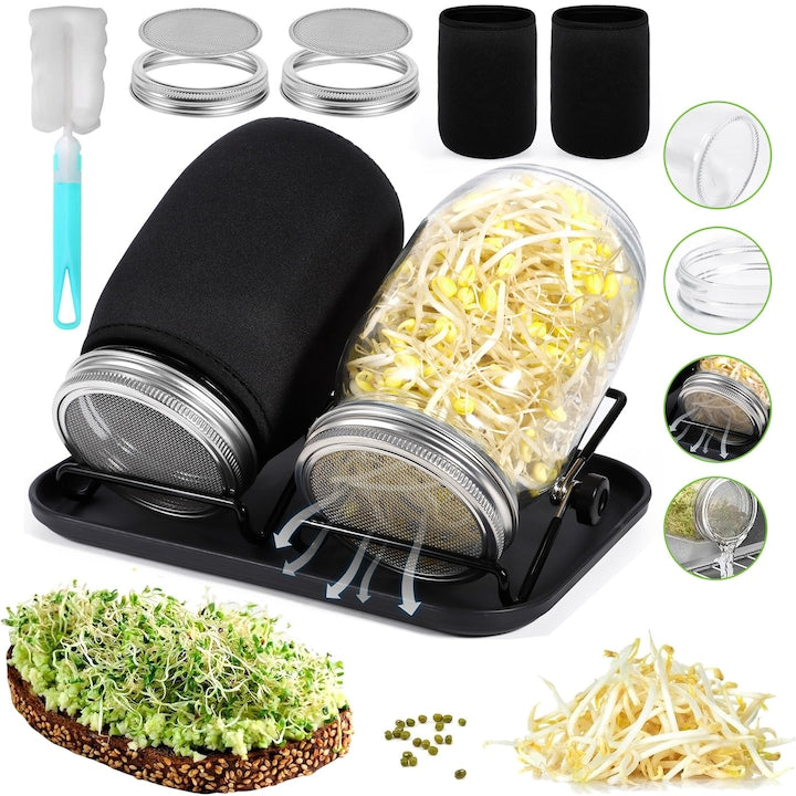Organic Seed Sprouting Jar Kit - 2x1000ml Wide Mouth Mason Jars, Lids, Stainless Steel Stand, Drip Tray - Growing Broccoli, Alfalfa, and Bean Microgreens
