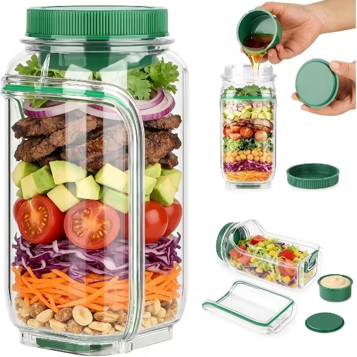 Borcan Mason pentru Salata  Swejah  PP  Fara BPA 1L Borcan cu Capac  Reutilizabil  Portabil  pentru Masina de Spalat Vase si Congelator  pentru Birou  Sala  Calatorii  Picnic si Pranz  Verde