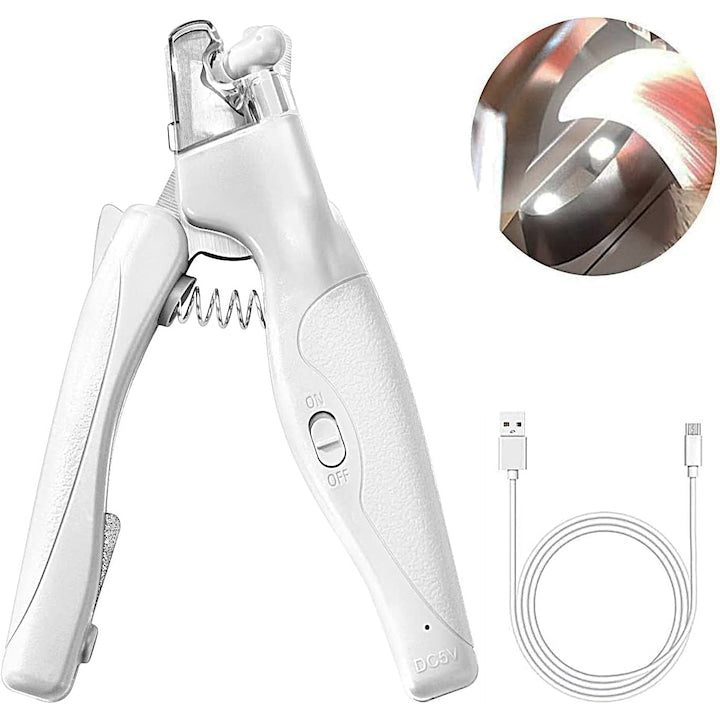 Foarfeca profesionala pentru taierea unghiilor la caini si pisici  Led inclus  Incarcare USB  ABS/Inox  Alb