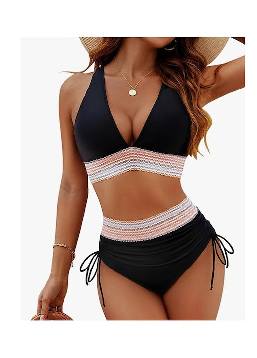 OEM - Costum de baie pentru femei cu talie inalta  cu control al abdomenului  in doua piese si cu snur  Multicolor