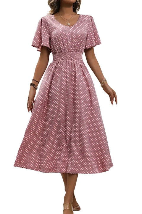 import - Midi summer dress, knee-length, polka dot print, accentuated waist, White | Pink 12 installments with 0% interest
