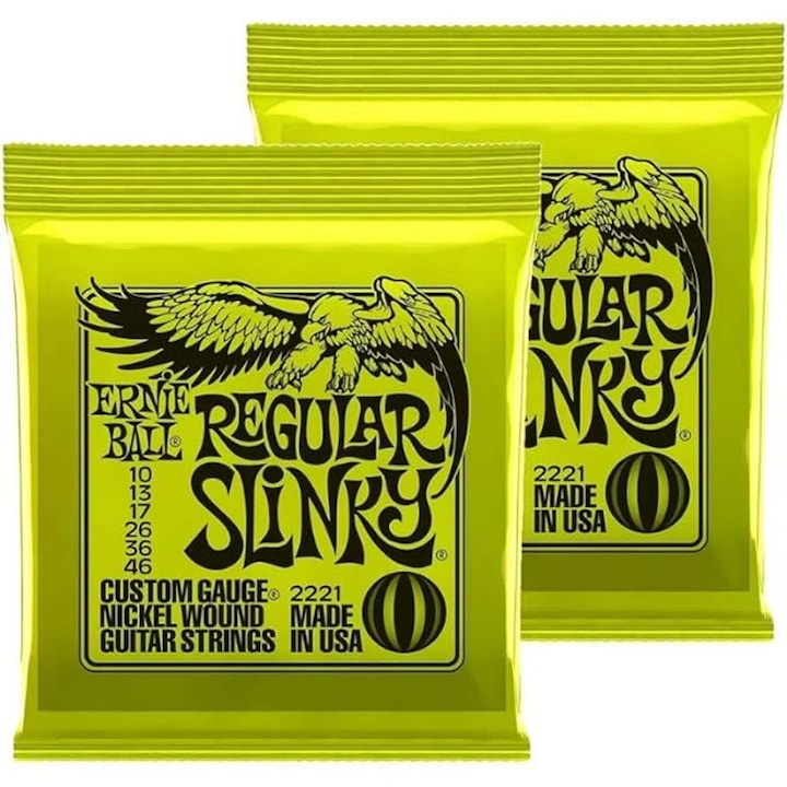 Set de 2 Coarde pentru Chitara Electrica Ernie Ball 2221 Regular Slinky  Impotriva ruginei  Ton de lunga durata  Senzatie neteda  Pentru studentii  interpreti  muzicieni  Nickel steel  Grosime 10-46  senzatie medie， Argintiu  Galben