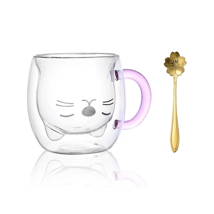 Double Wall Glass Mug Cat Design Borosilicate Heat Resistant Glass 1 Spoon 300ml Transparent