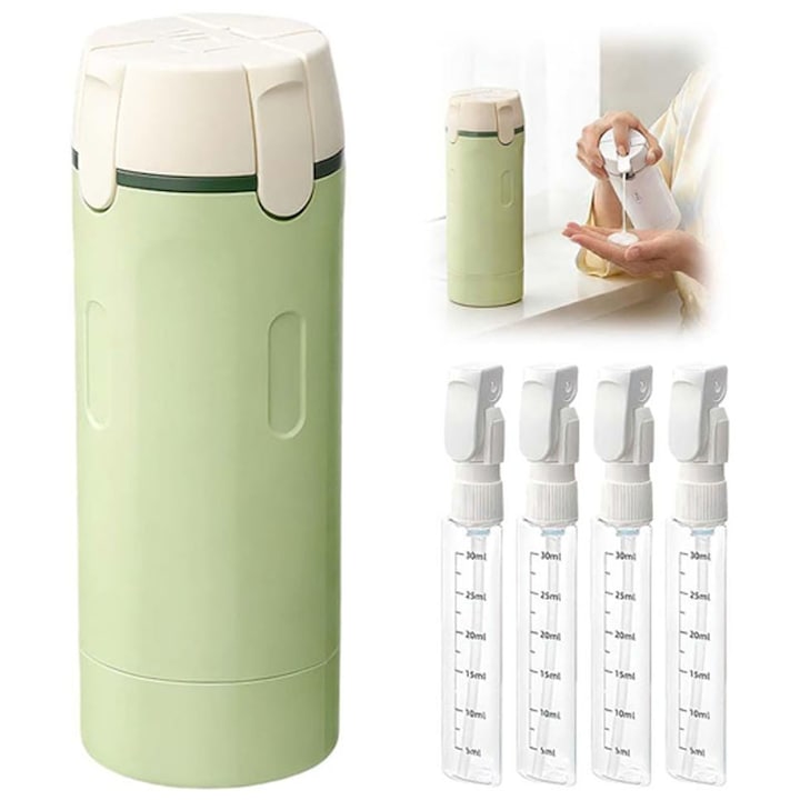 Dispenser de calatorie 4 in 1  Rqiurpn  set de 4 sticle pentru toaleta  recipiente portabile pentru sampon  lotiune  balsam  30ml  verde