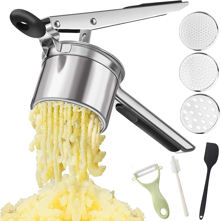 Rqiurpn Potato Masher, Stainless Steel, 3 Interchangeable Discs, Non-Slip Silicone Handle, for Fluffy Mashed Potatoes, Vegetable Purees, Fruit Juices and other Gourmet Recipes