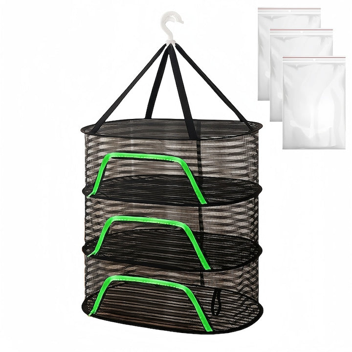 Plant Drying Rack Set With 3 Zippered Plastic Bags, Mesh, Foldable, Hanging, for Fruits, Flowers, Mushrooms and more, 40*60*104CM, Black/Green
