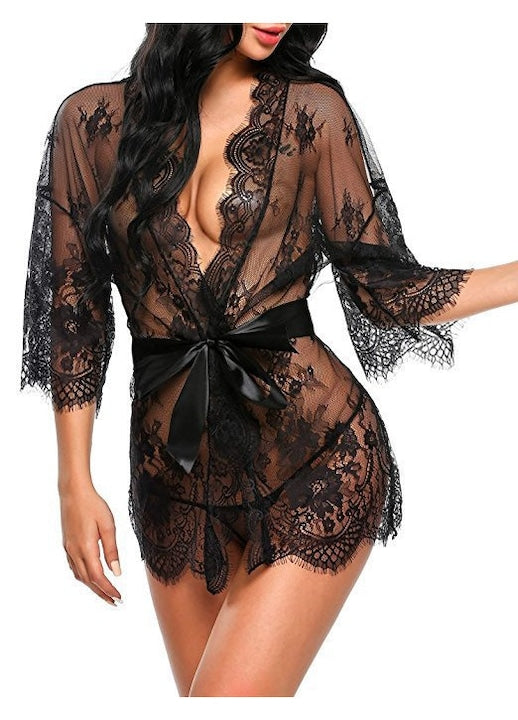 Ranfare - Rochie de lenjerie  kimono  mini  neagra  Negru