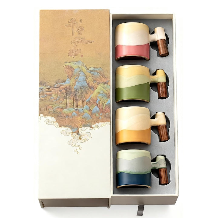 Set of 4 x 70ml Ceramic Espresso Cups with Wooden Handle, Gradient Colored Demitasse Coffee Mugs, Small Ceramic Tea Cups with Gift Box Packaging for Home, Office, and Travel, Multicolor, Yellow, WALALLA