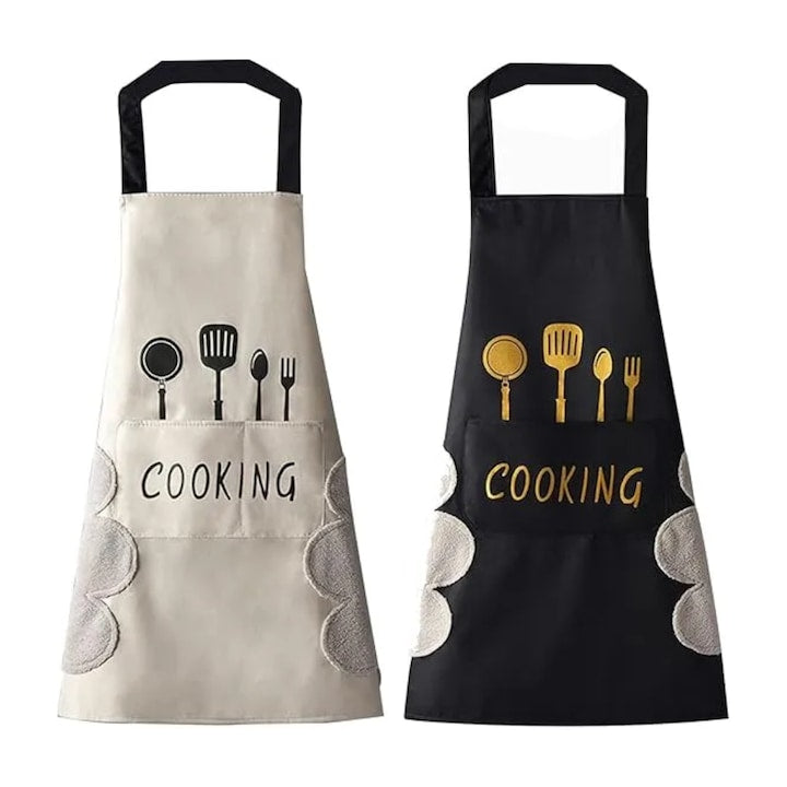 Kitchen Apron 2 Pcs, Adjustable Apron with 2 Pockets, Waterdrop Resistant Kitchen Apron for Men Women with Long Ties, Black + White