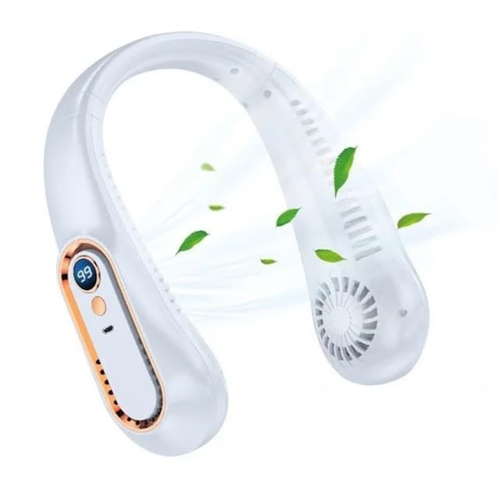 Ventilator de Gat Portabil cu Racire Simultana Cap si Corp  AIR 5 Viteze  Afisaj LED  Incarcare USB tip C  Design Modern  Vant 2*360° prin 96 Orificii  Flexibil  Alb