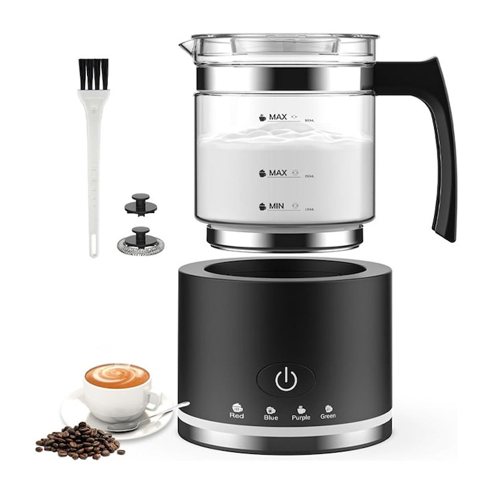 Omelivon 4-in-1 Milk Frother, Detachable Milk Foaming Device, Hot and Cold Froth, Ideal for Latte, Chocolate, Cappuccino, Frappe, Heating Function, 500ml, 600W, Black