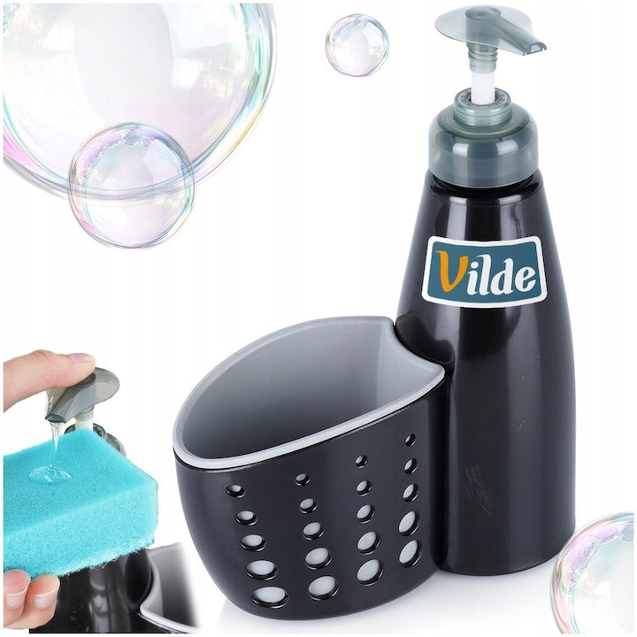 Dispenser De Lichid Pentru Vase Cu Recipient Pentru Burete  Vilde  370 ml  15x7x18.5 cm  Sticla  Manual  Rezistent La Apa  Fara Baterii  Materiale De Inalta Calitate  Negru