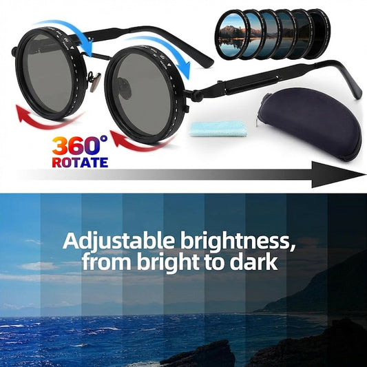 Ochelari de soare polarizati reglabili  temperatura de culoare reglabila pe 9 niveluri  lentile AC de inalta definitie  protectie UV400  filtru ND400  antireflex  potriviti pentru pescuit  condus si vacante la plaja.  negri