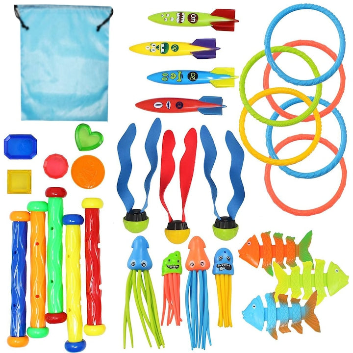 Set 30 jucarii piscina  accesorii sporturi acvatice  cu sac de depozitare  Multicolor