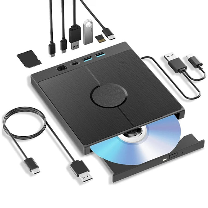 DVD Writer Extern  Rqiurpn  Unitate DVD Portabila 7 in 1 USB Externs Cu 2 Porturi USB+2 Tip C  2 Sloturi Pentru Carduri TF/SD Unitates CD Pentrus Laptop/Desktop/Macbook  Cititor De CD-uri Computer Compatibil Windows XP/11/10/8/7 Linux Mac OS  Slim  Negru