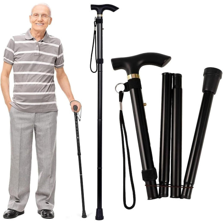 Baston ortopedic de sprijin pliabil usor reglabil  potrivit pentru ambele maini  Reglabil pe Inaltime  Ideal pentru Batrani sau Persoanele dupa Accidente sau Rani  Dimensiuni 84.5 – 93 cm  ofera stabilitate si sustinere  OUYLAF  Negru