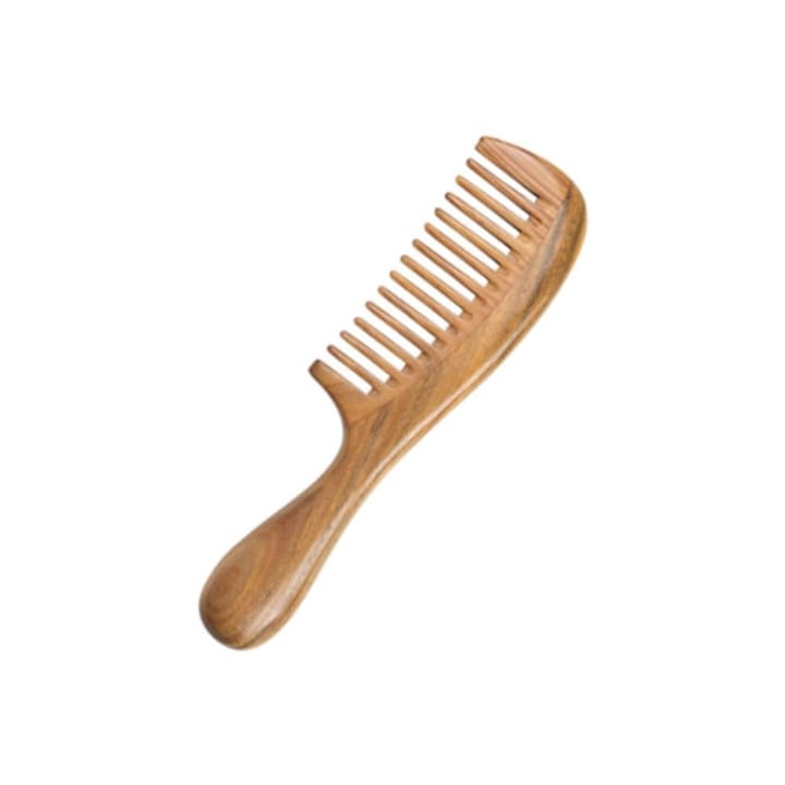 Pieptene din lemn de santal natural  din mana  dinti largi  anti-static