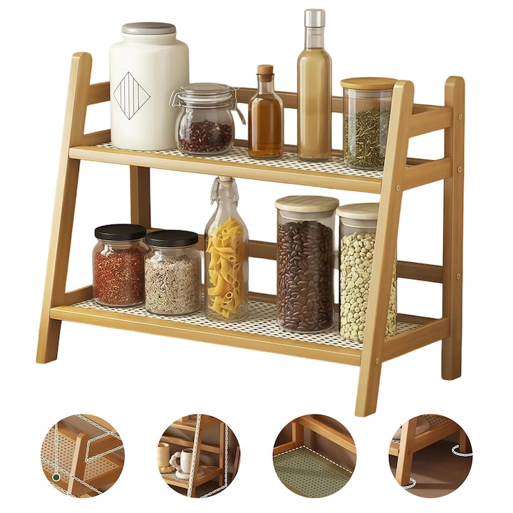 2-Tier Spice Rack Wacorresi, Natural Bamboo, Modern Design, 39x29x18cm, Wood Color