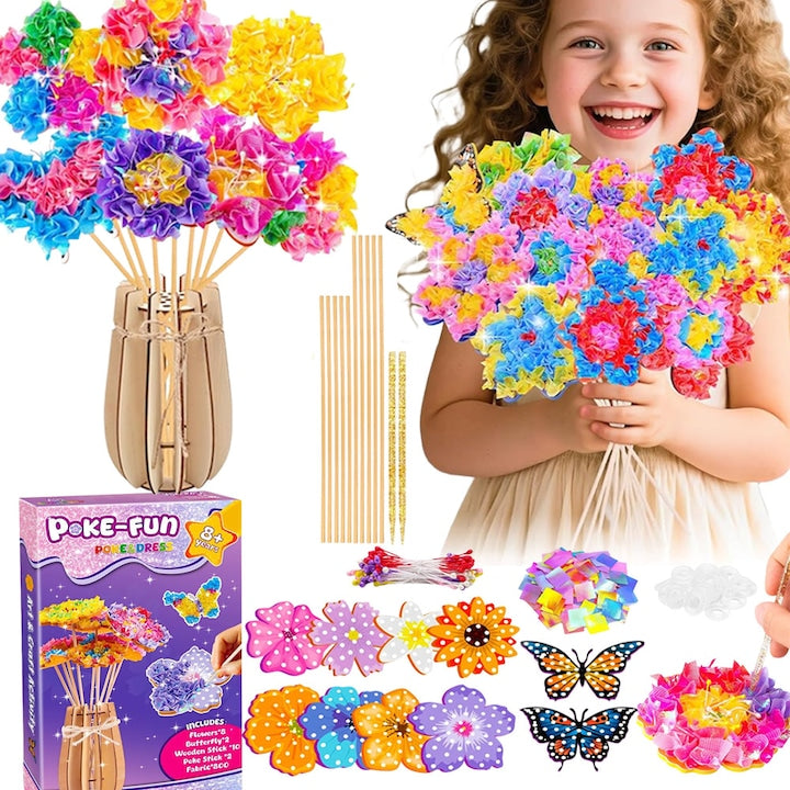 Kit DIY Buchet de Flori  Swejah  Flori din Material Textil  Kit Poke Art si Craft 8 Flori 2 Fluturi 1 Vaza din Lemn  Jucarie DIY  Activitate Educationala pentru Copii de 8+ ani  Multicolor