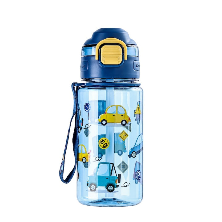 BPA-Free Kids Water Bottle One-Touch Lid with Straw and Direct Drink with Lock Wrist Strap and Clasp Leakproof Blue Cars Cartoon Design 550ml