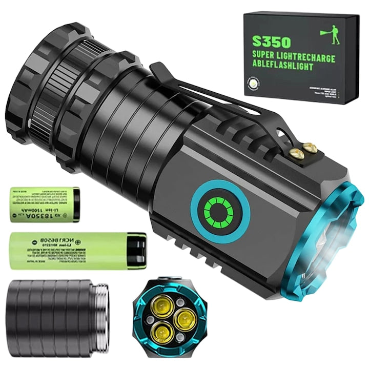 Lanterna  rezistenta la apa IPX5 cu clema magnetica la baza  5 moduri de iluminare diferite  puternica  reincarcabila  neagra