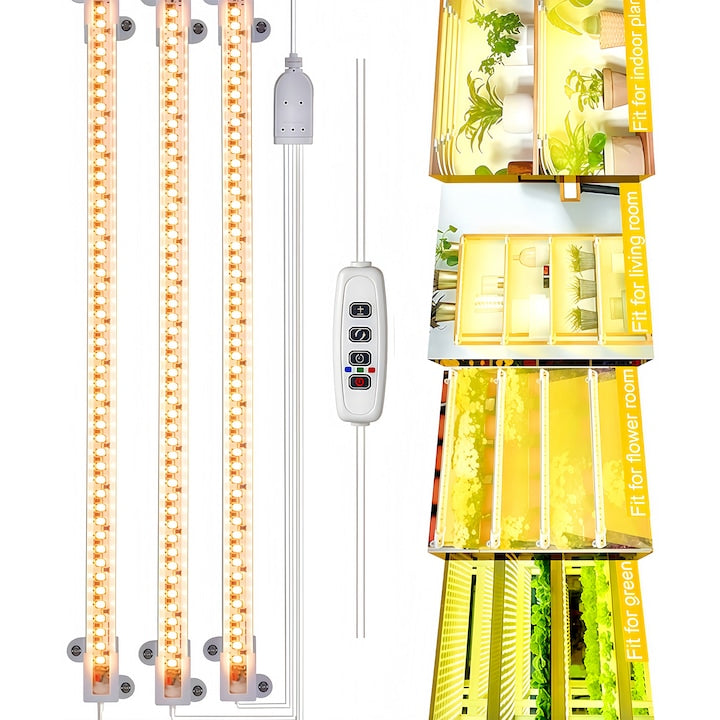 Lampa pentru cresterea plantelor  Banda rigida cu LED  1 Set 3 piese  Timer Automat 3/9/12h  pentru cresterea accelerata a plantelor  10 tipuri de luminozitate  3 Moduri de Lumina  aluminiu  negru