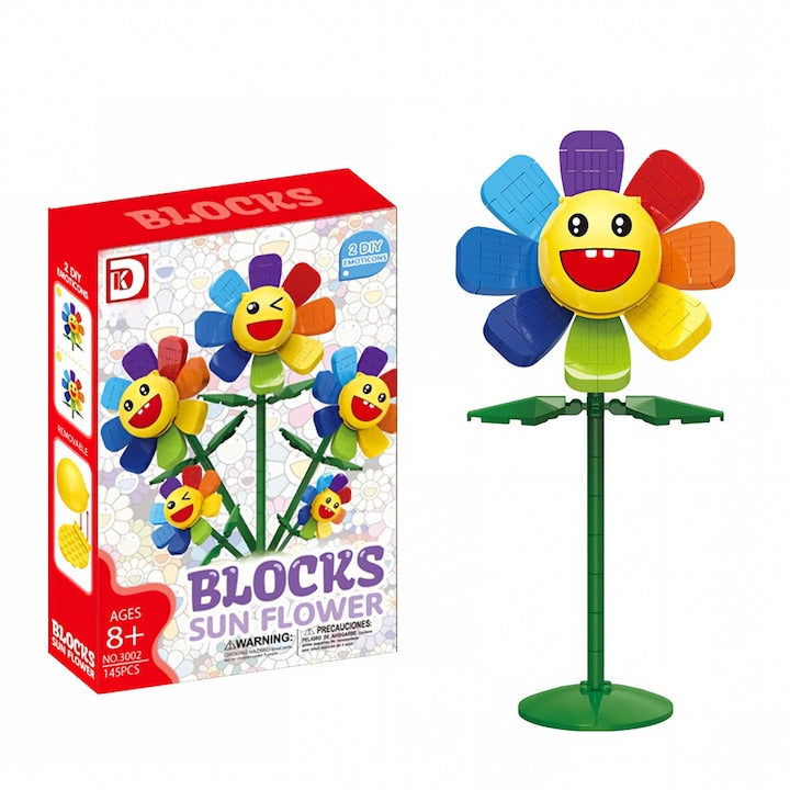 Set de Constructie Floarea-Soarelui cu Zambet Blocuri Creative 145 Piese  2 Expresii  Petale 8 Culori  Cadou si Decor  8+