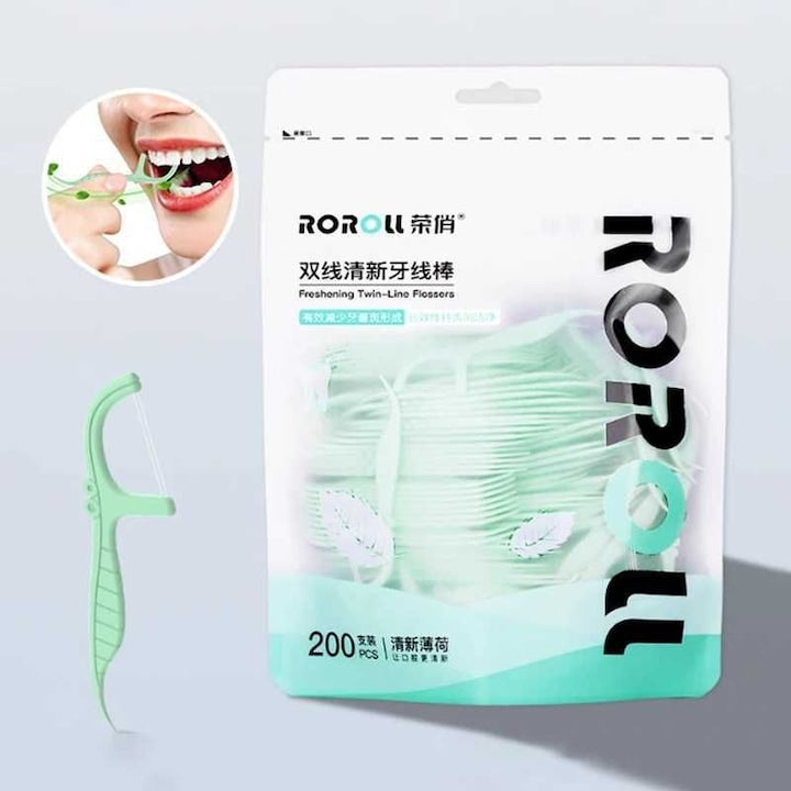 Set 200 buc Ata Dentara  Aroma de Menta  design dual  Prindere confortabila  ultra-rezistenta  Verde  8cm