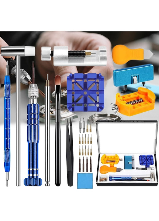 Swejah - Set de Instrumente Pentru Repararea Ceasurilor  Inox  cu Inlocuire Baterie  Scoatere Verigi  Deschizator Carcasa  Cutie de Depozitare  Accesorii Reparare cu Surubelnite  Pensete  Usor De Utilizat  Albastru