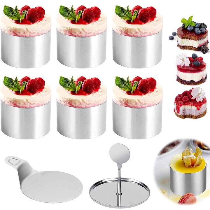 6 Pieces Round Cake Molds Stainless Steel Mousse Ring 7.5 cm Pastry Rings Crumpet Rings with Cake Press and Lifter Baking Rings for Dessert