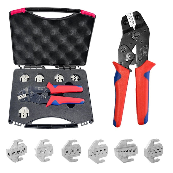 Set de scule profesionale pentru presarea cablurilor  ZOUN  cu husa de depozitare si cinci falci interschimbabile  0 08-6 mm²  28-10 AWG  otel cu continut ridicat de carbon  economisind efort  presiune reglabila  mai multe culori