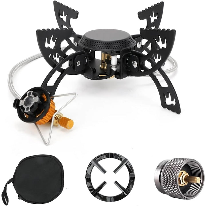 Arzator camping  3800W  Soba de Tabara Rezistenta la Vant cu Adaptor Rezervor de Combustibil Aprindere Piezo Portabila Pliabila Pentru Oala Pentru Gratar Drumetii Camping Trekking Pescuit Picnic  Negru carbon