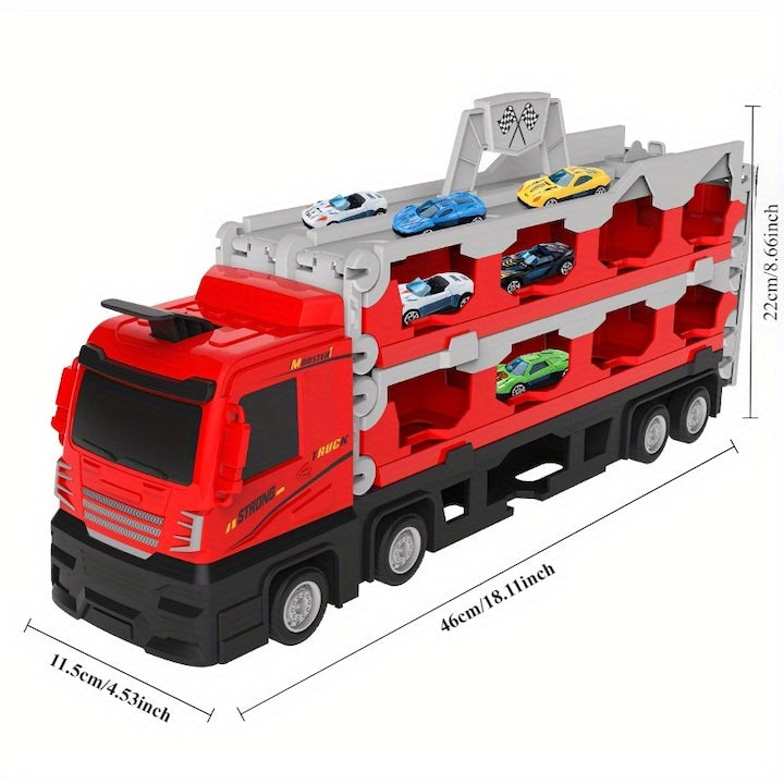 Set de masinute cu camion transformabil si pista  8 masini din aliaj  2.1m  multicolor