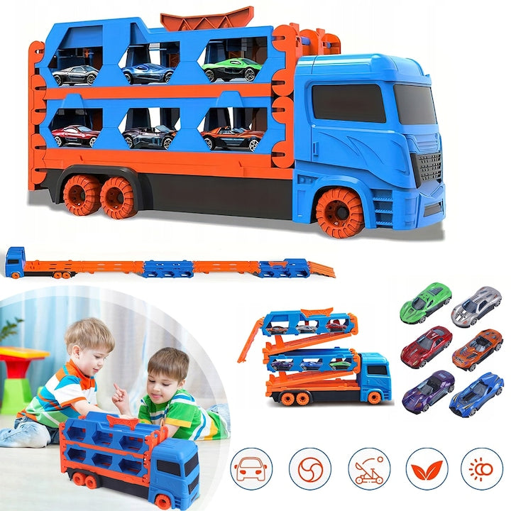 CHOOLY Foldable Transport Truck Toy Set with 6 Cars, Blue and Red, 38x10.7x18.5cm