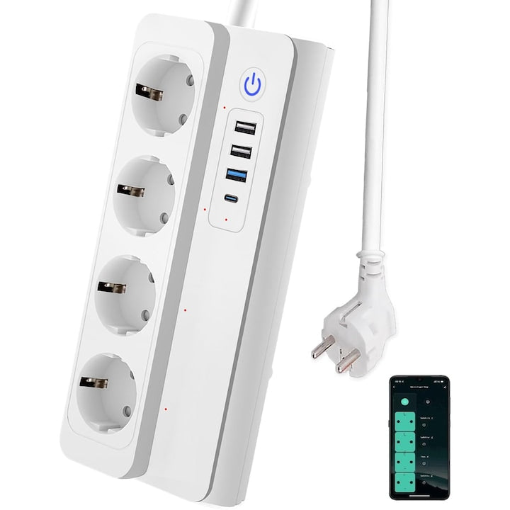 Prelungitor inteligent Zigbee 3.0 cu 4 prize  incarcator rapid USB-C 20W  3 USB  control vocal  16A