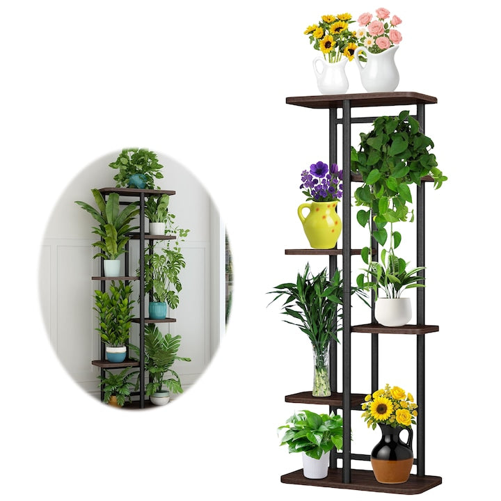Suport pentru plante  Stand De Flori  7 Etajere  6 Niveluri  36x23.5x106cm  Stabila si Rezistenta  pentru Interior si Exterior  Metal  Stejar negru