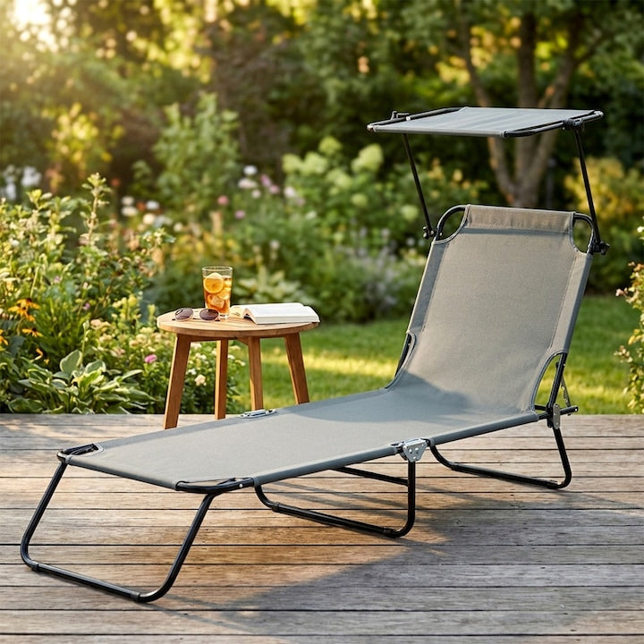 Sezlong Pliabil Cu Parasolar Vilde  Ofera 4 Pozitii De Inclinare Plat Inclus  Bun La Terasa  Are Structura Din Metal Negru Dur  Cu Panza Rezistenta Din Poliester Gri Durabil  Se Poate Muta Usor  Sustine Cu Multa Usurinta Capacitati De Maxim 120 Kg