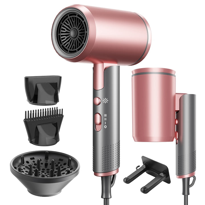 Uscator de par profesional ionic nou upgrade  pliabil si portabil，uscarea rapida ca la salon，nucleu ceramic  ioni negativi  cu 3 viteze si 3 trepte de temperatura  Putere 2400W  Set 3 Accesorii ，intrari de aer cu design anti-incurcare par，roz