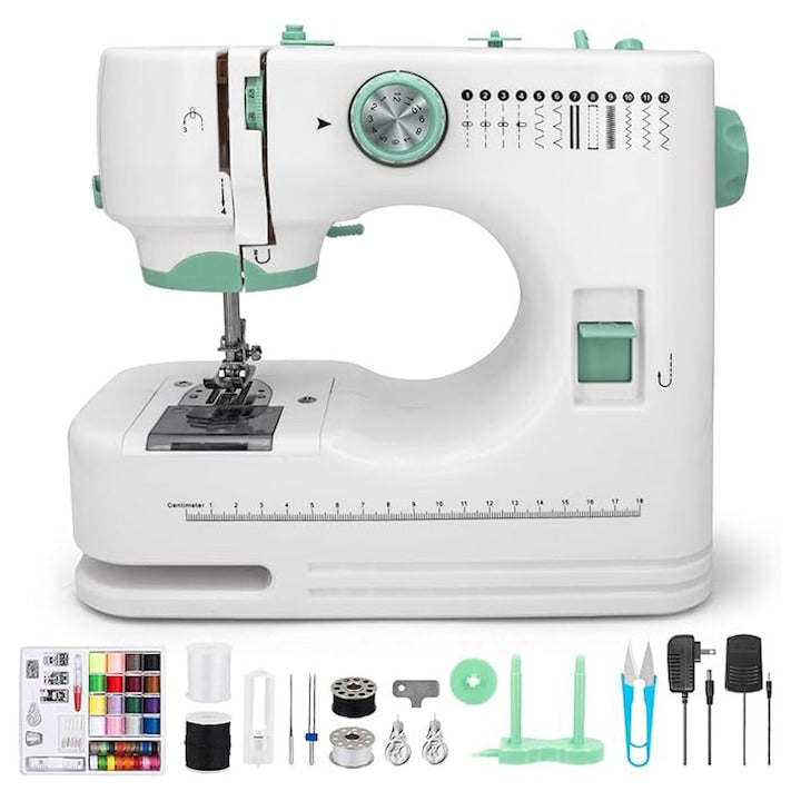 Omelivon Sewing Machine, Automatic Threading with Reverse Stitch and 12 Built-in Stitch Patterns, 6 Presser Feet, 2 Speeds, 4-Step Buttonhole, Double Needle Support, LED Lighting, 1-9 Tension Adjustment, Portable, White/Green