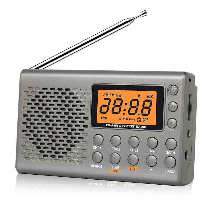 WALALLA Portable Radio AM/FM/SW Large Digital Display Clock Radio with Alarm and Sleep Function Large Digital Display Battery Operated Grey