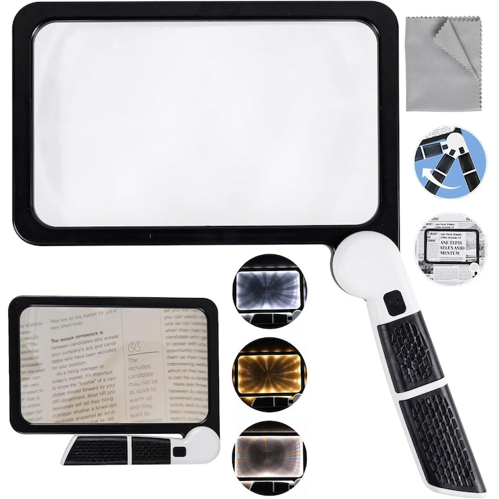 5X Folding Magnifier with Light for Full Page Black Portable Square Reading Magnifier Large Magnifier with 48 LEDs and Anti-Glare Lens Magnifier for Seniors Macular Degeneration Low Vision