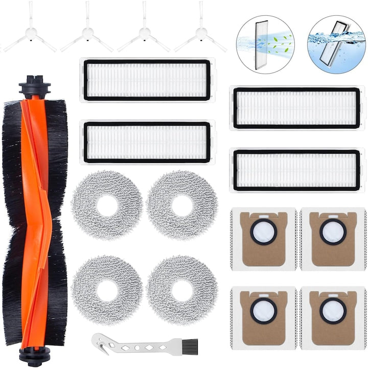 Pachet Cu 18 De Accesorii Pentru Aspiratorul Robot Vacuum Xiaomi X20+/X10+/X10 PLUS  1 Perie Principala  4 Saci De Praf  4 Servetele  4 Perii Laterale  4 Filtre HEPA  1 Perie De Curatare