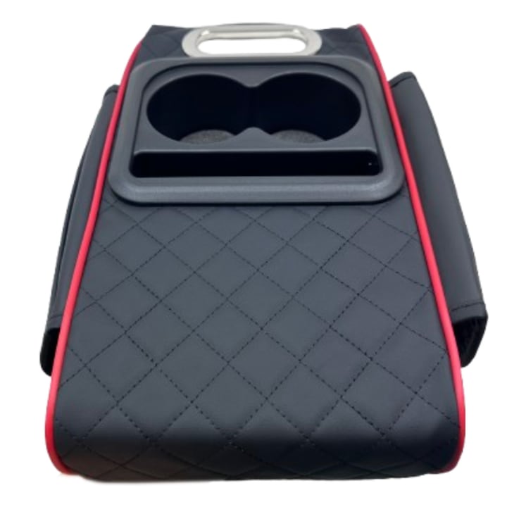 Perna Pentru Brat Cotiera Husa  Capac upgrade pentru cotiera auto  huse din piele microfibra pentru consola  cu 2 buzunare de depozitare  2 suporturi pentru pahare si o cutie pentru servetele de hartie  accesorii universale pentru consola  Negru / rosu