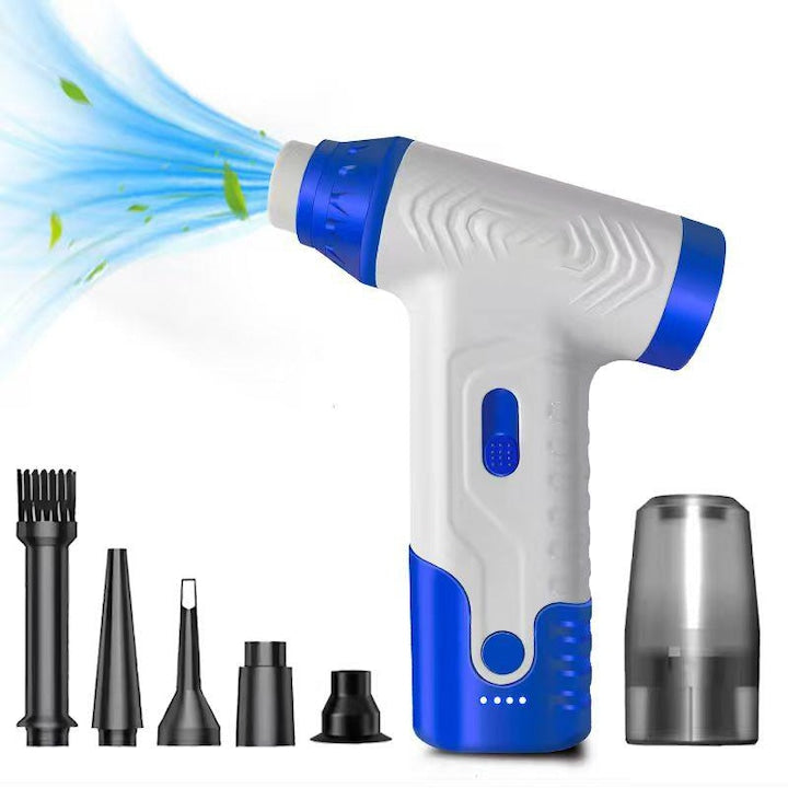 Suflanta Aer Comprimat Portabila  Omelivon  functie aspirator  Cu Functie Aspirare  Turbo Fan 130000 RPM  4 Trepte Putere  baterie 2x2500mAh  Incarcare USB-C  Pentru Auto  Frizerie  Curatare Filtre  Praf si Frunze  Albastru/Alb
