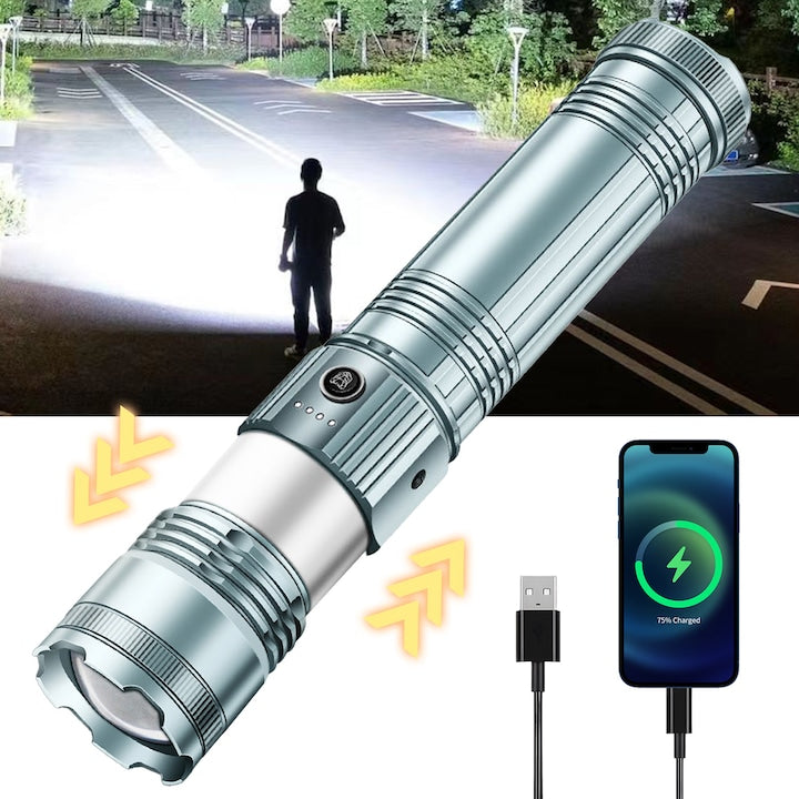 Lanterna LED puternica profesionala  SDLOGAL  din aluminiu  ocus ajustabil  7 Moduri iluminare  distanta 1500m  7200mah  Ultra-Luminoase  Rezistente la Apa  Pentru Camping  Gri